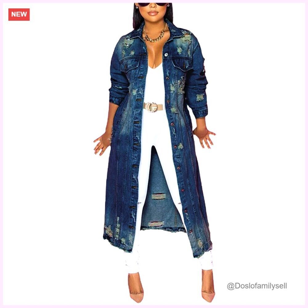 Maxi Long Denim Jacket Ripped Holes Trench Coat Women's Spring Fashion